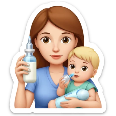 Mother holding a baby bottle with milk and a vaccine syringe sticker