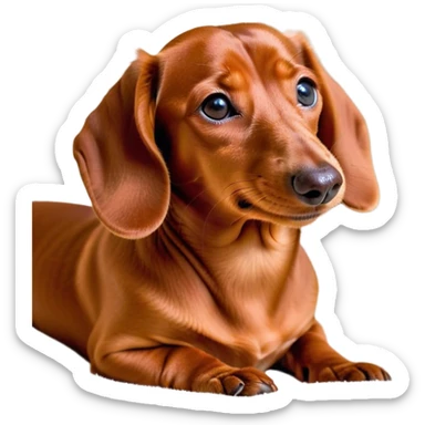 Cinematic Cute Yawning Red Dachshund Portrait Emoji, Head tilted slightly with a dramatic, wide-open yawn, showcasing a smooth red coat with a subtle luster, floppy ears slightly drooping, round brown eyes barely open in drowsy contentment, Simplified yet irresistibly adorable features, highly detailed, glowing with a soft, cozy glow, high shine, relaxed yet expressive, stylized with a touch of whimsy, bright and endearing, soft glowing outline, capturing the essence of a sleepy yet affectionate companion, so drowsy it feels like it could stretch right out of the screen and curl up for a nap! sticker