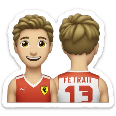 A smiling white teen with a long face in red Ferrari jersey with very short black hair and light green eyes and dig cheeks sticker