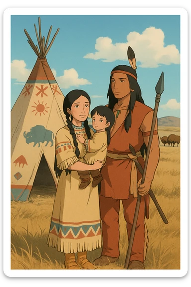 A native American family including a mother and young child, with a father who is a warrior. They are standing near a tepee decorated in native american symbols, there are buffalo in the distance. They are on the dry grasslands of the great plains in the 1840s sticker