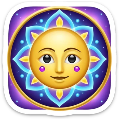 Create a minimal glowing emoji symbol of pure consciousness (Chetna) and formless God. Abstract divine energy, radiant light, infinity aura, cosmic spiritual vibe. No human form. Golden, blue, violet glow. Clean modern emoji style. sticker