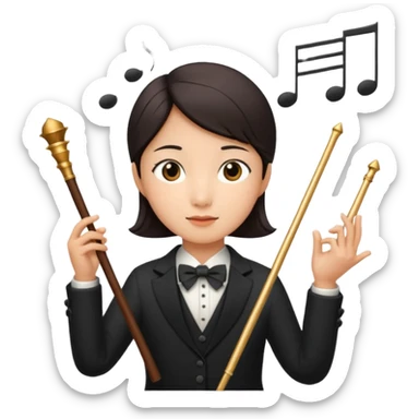 asian Create a sophisticated and elegant emoji that represents orchestration and arrangement. The design should feature a conductor’s baton, musical notes, and a symphonic score, symbolizing the process of arranging and orchestrating music. Incorporate instruments like a violin, trumpet, sticker