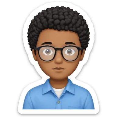 Menino moreno com cabelo curto cacheado preto, de óculos preto e blusa azul sticker