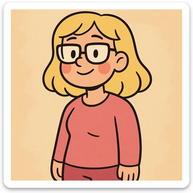 blonde girl, shoulder-length hair, wearing glasses, rosy cheeks, pink clothes, cartoon style, soft lines sticker
