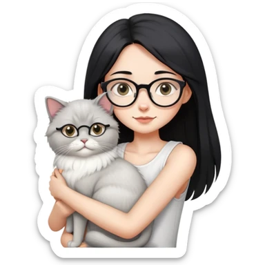 Skinny woman with oval glasses, long straight black hair, wearing white sleeveless top, hugging a grey Persian-Angora cat, plain background sticker