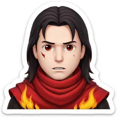 Vincent Valentine from Final Fantasy 7, headshot, red scarf covering mouth, intense eyes, flames behind him sticker
