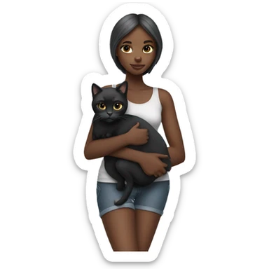 black slim girl with grey cat cuddling sticker