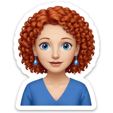 una profesora mayor simpática con el pelo rojo rizado, ojos azules, vestido azul y pendientes azules hablando sticker