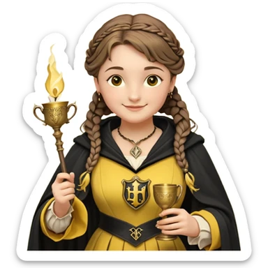 Helga Hufflepuff,the Hogwarts founder of Hufflepuff,brown-haired,2braids,yellow-black medieval dress with black cloak decorated with gold braiding,flickering magic wand and tiny two-handled shiny gold cup engraved with the badger silhouette,very kind smile,curvy busty sweet sticker