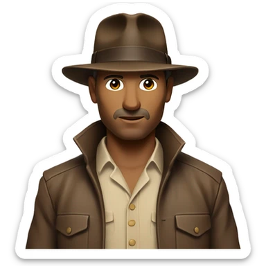 White Indiana Jones with a dark brown jacket and a brown hat, beige shirt sticker