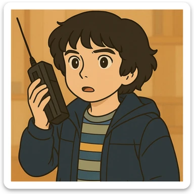 Mike Wheeler with a messy bowl haircut, wearing iconic first season clothes (blue striped shirt and jacket), simple and delicate line art, colored in pastel tones, with thick and dark outlines, in Ghibli style, 1:1 format. sticker