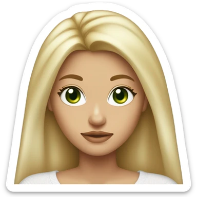 blonde girl with green eyes, smooth skin, white sweater, long blow out hair, baddie, middle part sticker