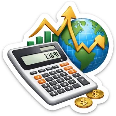 An icon featuring a calculator, a dollar sign, and a chart with upward trends, symbolizing economics. The design includes coins, bills, and a globe, representing global trade and financial systems. Transparent background highlights the study of markets, supply, and demand. sticker