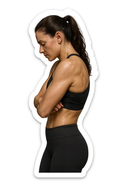 DONNA FITNESS DI PROFILO CON POSTURA CHIUSA E SPALLE IN AVANTI,  iperrealistico 4k sticker