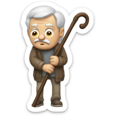 Old man leaning on a walking cane and holding his crancky back with his hand, grumpy face, detailed sticker