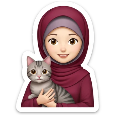 Asian white girl wearing  maroon hijab with dress holding a black grey tabby cat while smiling sticker