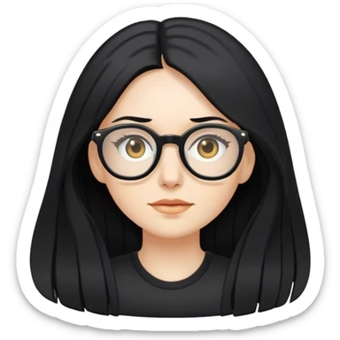 pale woman with long black hair, wearing glasses and black shirt sticker