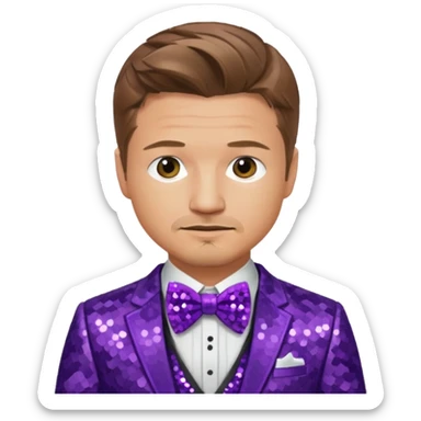 Jeremy Renner with light brown hair, purple sequin suit with bow tie sticker