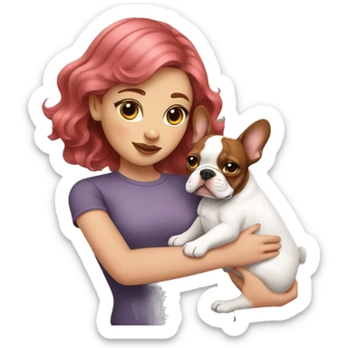  girl with medium pink wavy hair holding a brown and white french bulldog  sticker