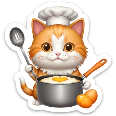 a cat holding a cooking pan with double heart-shaped eggs sticker