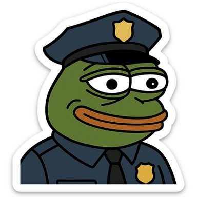 Pepe the Frog as a police officer with badge and hat, meme style sticker
