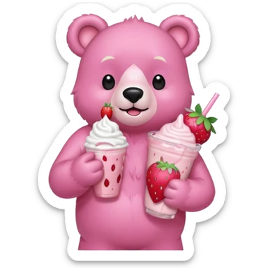 A pink bear is holding a strawberry and drinking a strawberry milkshake 
transparent background 
the style should be a teenager's hand-drawn, 2D, 2020s Japanese character-like sticker