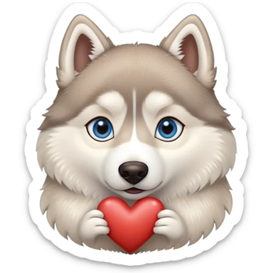 Beige husky with blue eyes holding a brown heart sticker