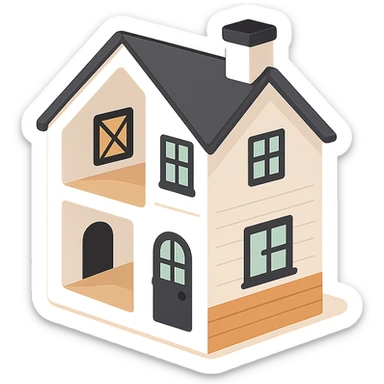 modern farmhouse dollhouse, white with black trim and wooden accents, 3d isometric  sticker