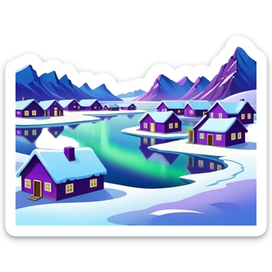 Mohe Arctic Village northernmost point of China with aurora borealis, simplified emoji style with bold outlines and bright colors, cartoon style village with northern lights sticker