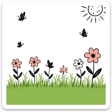 spring theme with blooming flowers, green grass, butterflies, and sunshine in pastel colors dd9fb0, ffc6d3, a3bfc9, c4bee2, f1b091, detailed hand-drawn doodle style sticker