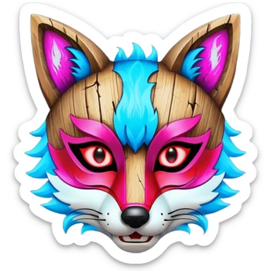 Ancient wooden mask, split in half, luminous and neon with red, blue and pink fox-like glow. sticker
