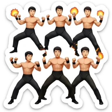 Collage of Arnold Schwarzenegger, Sylvester Stallone, Bruce Lee, and Jackie Chan in intense action poses, surrounded by explosions, martial arts moves, weapons. The design should capture the high energy and heroism of classic action films. Transparent background. sticker