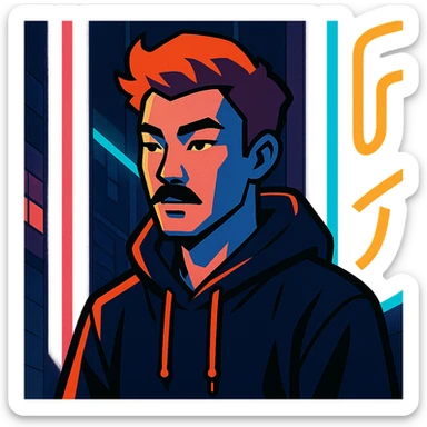 Asian man with black mustache, red hair, black hoodie, neon lights, Japanese cyberpunk anime style sticker