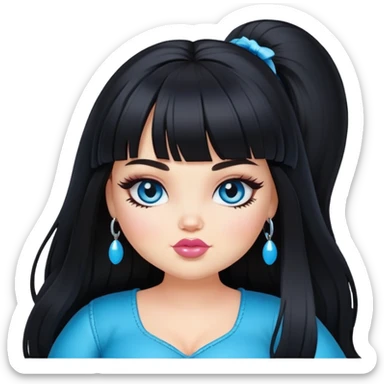 pretty alt bratz girl, big plus size, black long hair, bangs, blue eyes, white skin sticker