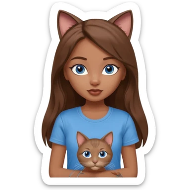a pretty bratz dusky girl with long brown hair, blue eyes with six cats nd wearing a grey tshirt sticker