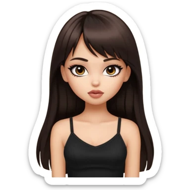 generate a pretty bratz girl in black cami top, dark brown straight long hair with bangs, eyeliner on, sticker