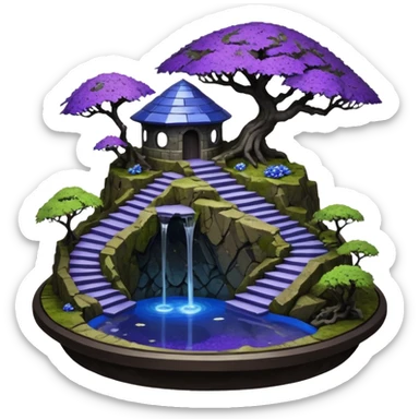 Crashed Alien saucer pool-castle jungle winding staircase  mountainside getaway haunted nighttime landscape antique mudman very old broken cracked intricate Stone Age lapis-crusted irregular dodecagon-shaped shallow dark moss rough bark violet flowered maple tree bonsai sticker