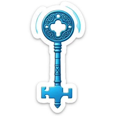 Ancient key glowing blue with runic markings, floating sticker