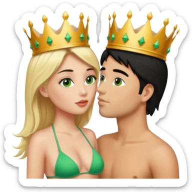 Blonde Queen with crown Green eyes eyes Bikini kissing man black Hair  sticker