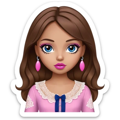 tall pretty bratz girl, brown hair, dark blue eyes, pink lips, black eyeliner, tan skin, cute lace girly clothes sticker