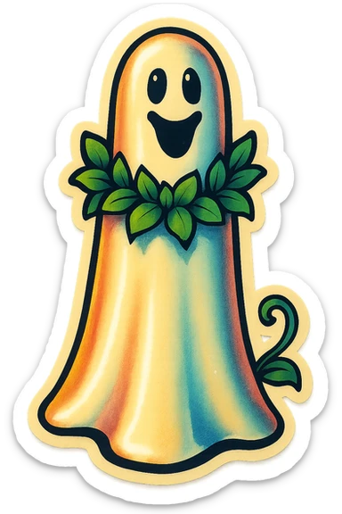 retro sticker-style ghost elongated in height with a leafy garland around its neck and a small vine curling at its base, cute, bold outlines, shadows and highlights sticker