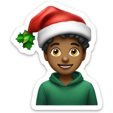 Niño moreno no tanto con pelo negro ondulado con gorro de navidad decorando un árbol sticker