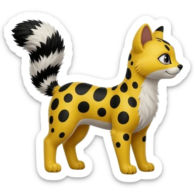 Lanky slender beautiful elegant spotted hype-realistic, black-maned, vibrant yellow Genet-Serval-Civet-fusion-hybrid-furry-fursona, full body, with a long puffy fluffy black-and-white-striped tail sticker