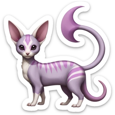 Purple, white, black, Minccino-Sphynx-Lykoi-Linoone-Zangoose-fusion-hybrid-animal-Fakémon-creature, full body, thin long sleek scaly tail, intricate markings sticker