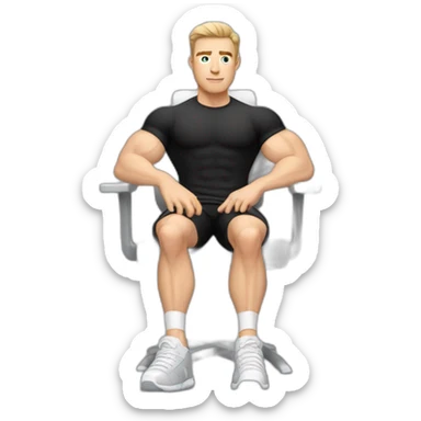 Pale skinned Fit Man With the biceps and dark brown hair in black shirt, gray sports shorts and white Sneakers Sitting on a chair sticker