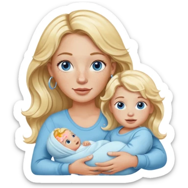 Wavy blonde, white woman with blue eyes, freckles hoop earrings, holding babies sticker