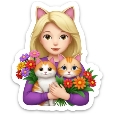 woman holding bouqet and cat sticker