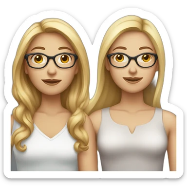 Two women. One blond. One brown hair. First woman with blond long hair, glasses and fair skin. Second woman with long brown hair and fair skin sticker
