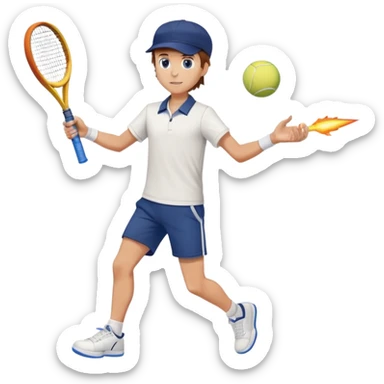 Full body pose, tennis player with a rocket and ball in other hand. Brown hair, blue eyes, little stubble, navy cap, white shirt and shorts, white + black sneakers sticker