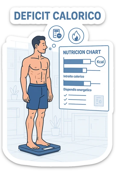 a man stands on a digital scale, looking at a nutrition chart that shows his daily calorie intake is lower than his energy expenditure. Floating icons above his head display a negative calorie balance, and his body appears slightly leaner, with visible muscle definition. The background is a modern clinic, emphasizing the concept of caloric deficit. scritto in italiano sticker